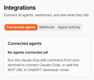 The integrations page for connected agents, webhooks and agent activity.